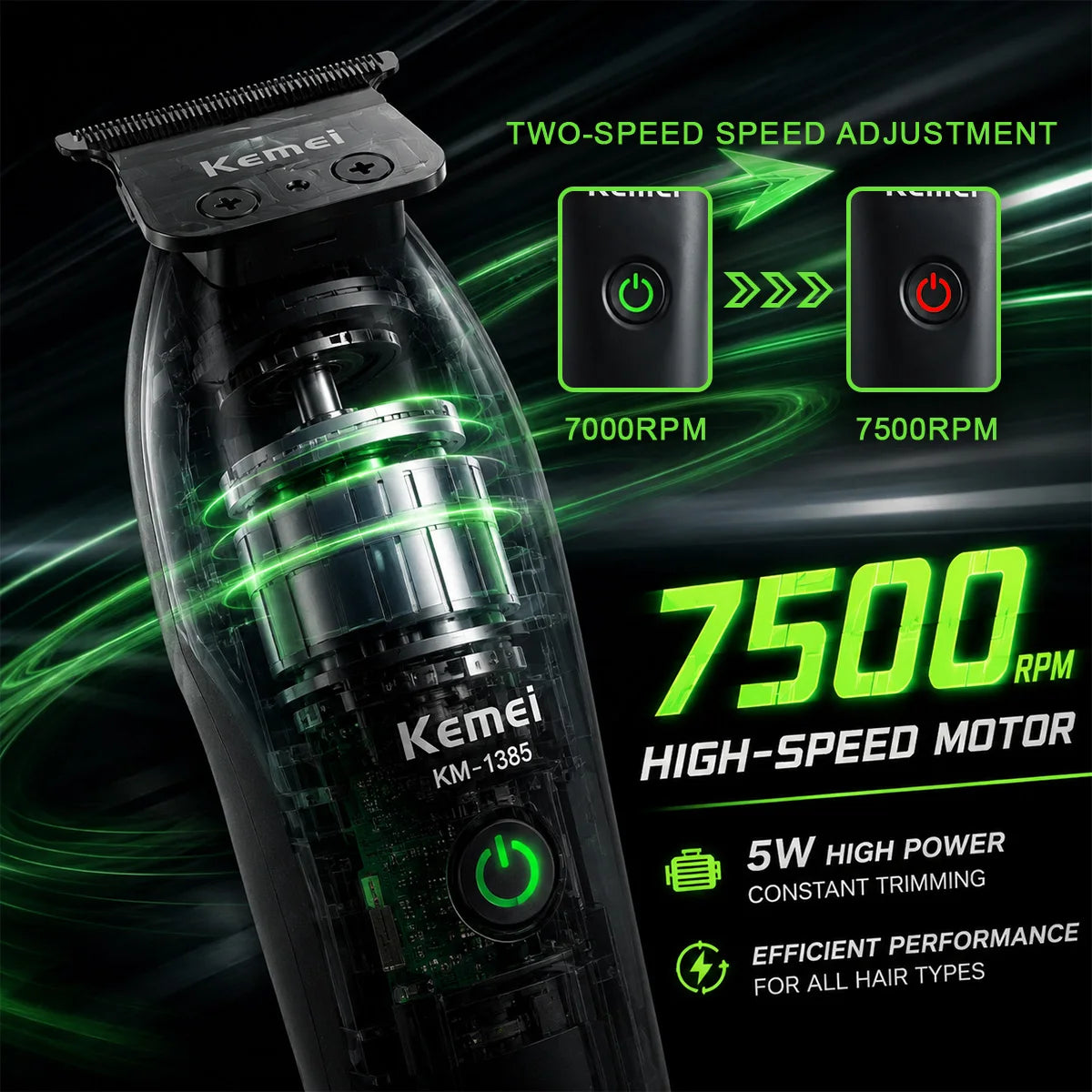 Kemei KM-1385 Professional Hair Cutter for Men T-Blade 7500RPM 5W DC Motor with Dock LED Display Hair Clipper Hair Trimmer