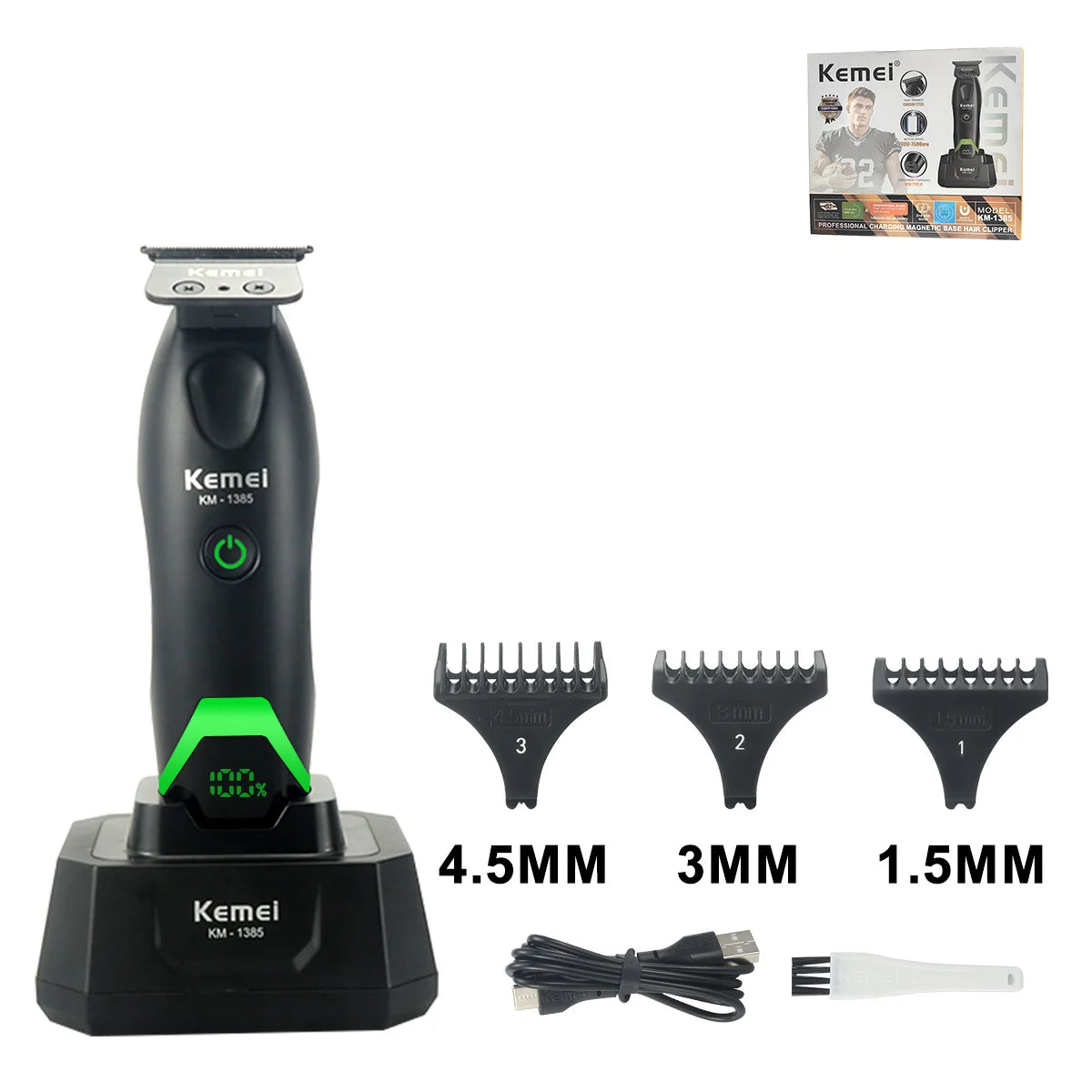 Kemei KM-1385 Professional Hair Cutter for Men T-Blade 7500RPM 5W DC Motor with Dock LED Display Hair Clipper Hair Trimmer