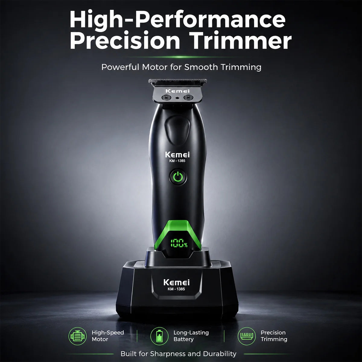 Kemei KM-1385 Professional Hair Cutter for Men T-Blade 7500RPM 5W DC Motor with Dock LED Display Hair Clipper Hair Trimmer
