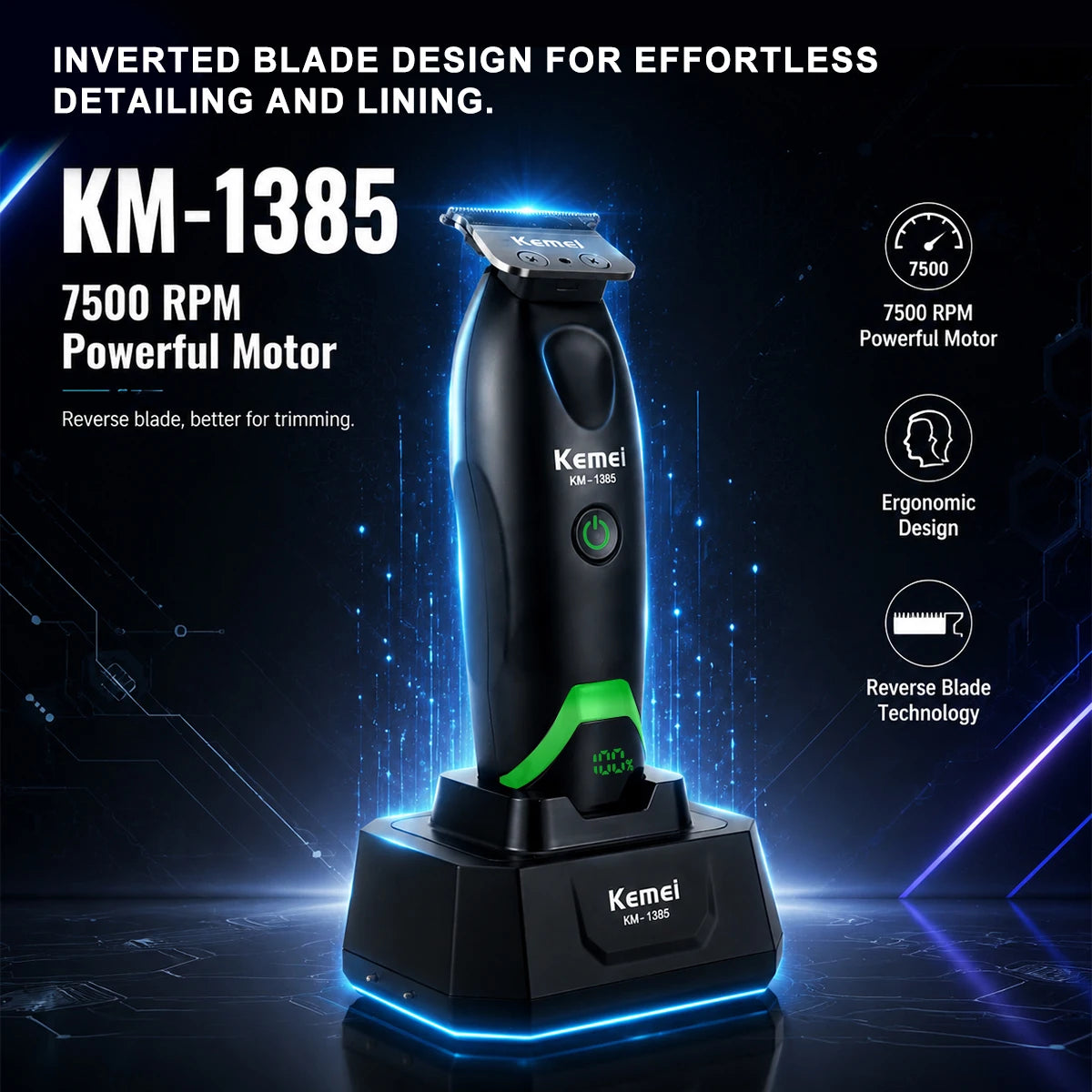 Kemei KM-1385 Professional Hair Cutter for Men T-Blade 7500RPM 5W DC Motor with Dock LED Display Hair Clipper Hair Trimmer