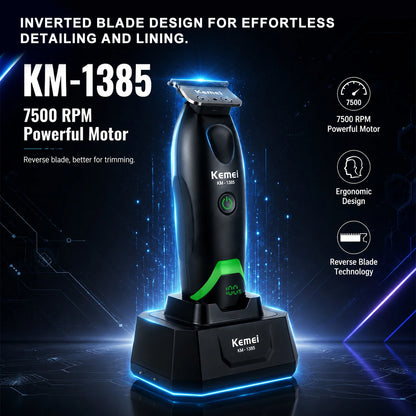 Kemei KM-1385 Professional Hair Cutter for Men T-Blade 7500RPM 5W DC Motor with Dock LED Display Hair Clipper Hair Trimmer