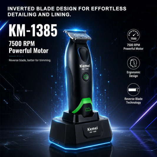 Kemei KM-1385 Professional Hair Cutter for Men T-Blade 7500RPM 5W DC Motor with Dock LED Display Hair Clipper Hair Trimmer